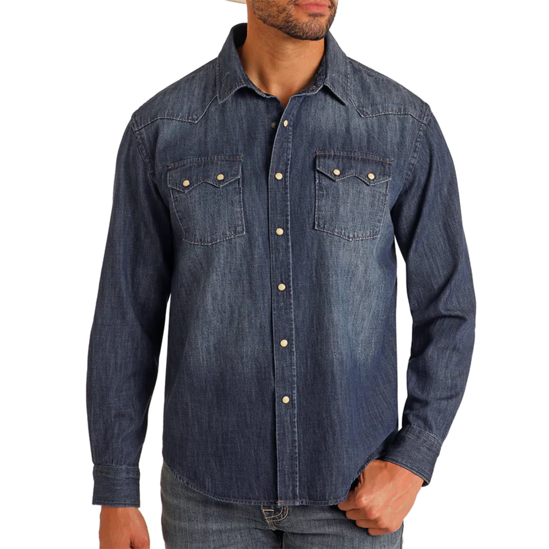 Panhandle Men's Modern Vintage Denim Long Sleeve Snap Shirt