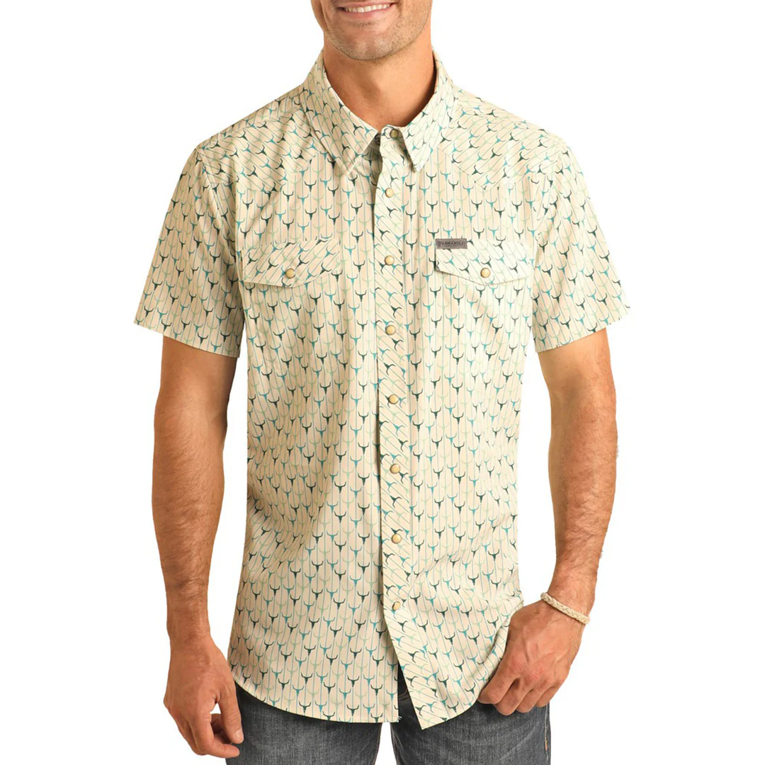 Panhandle Men's Skull Print Short Sleeve Snap Shirt