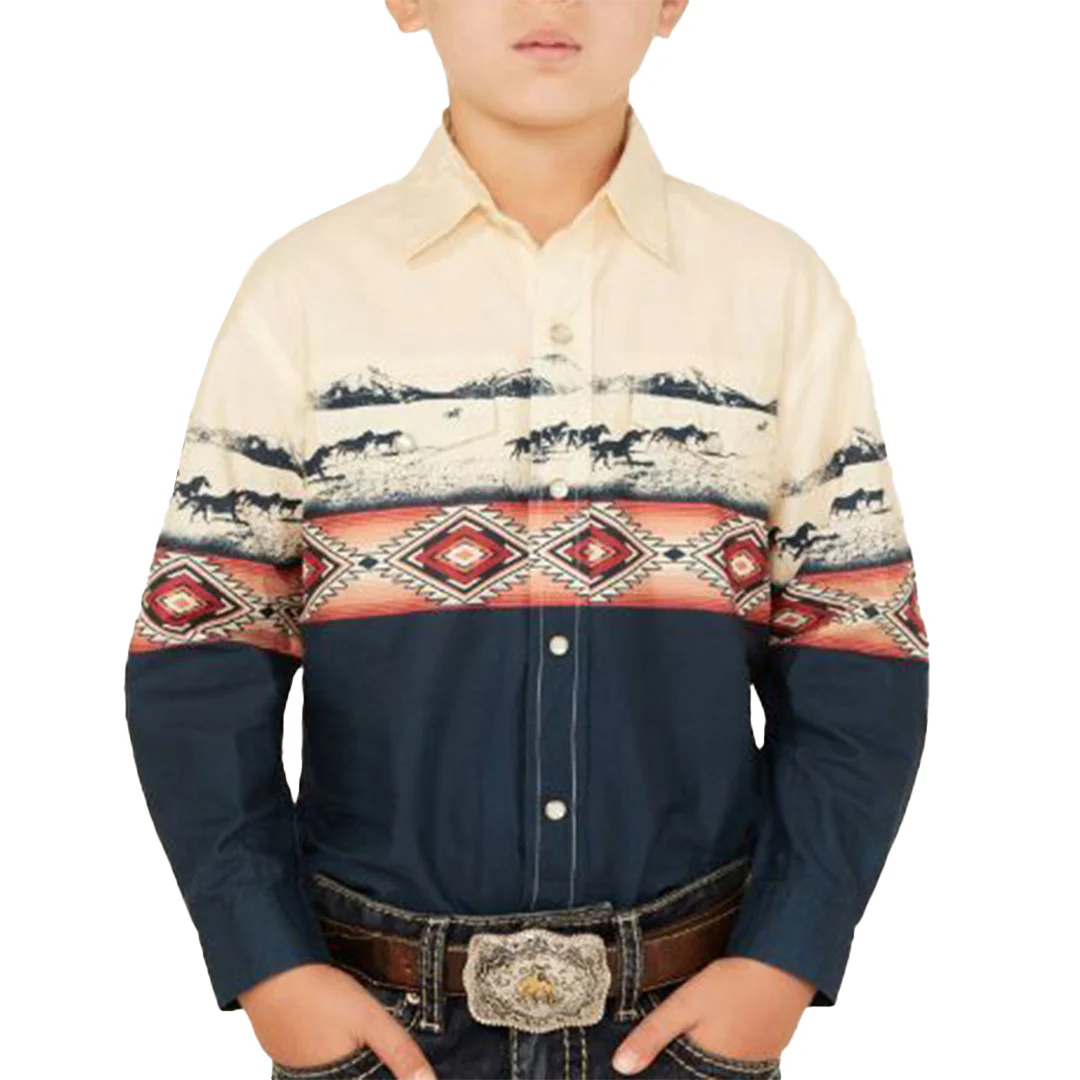 Roper Boys' Vintage Collection Scenic Border Long Sleeve Snap Shirt