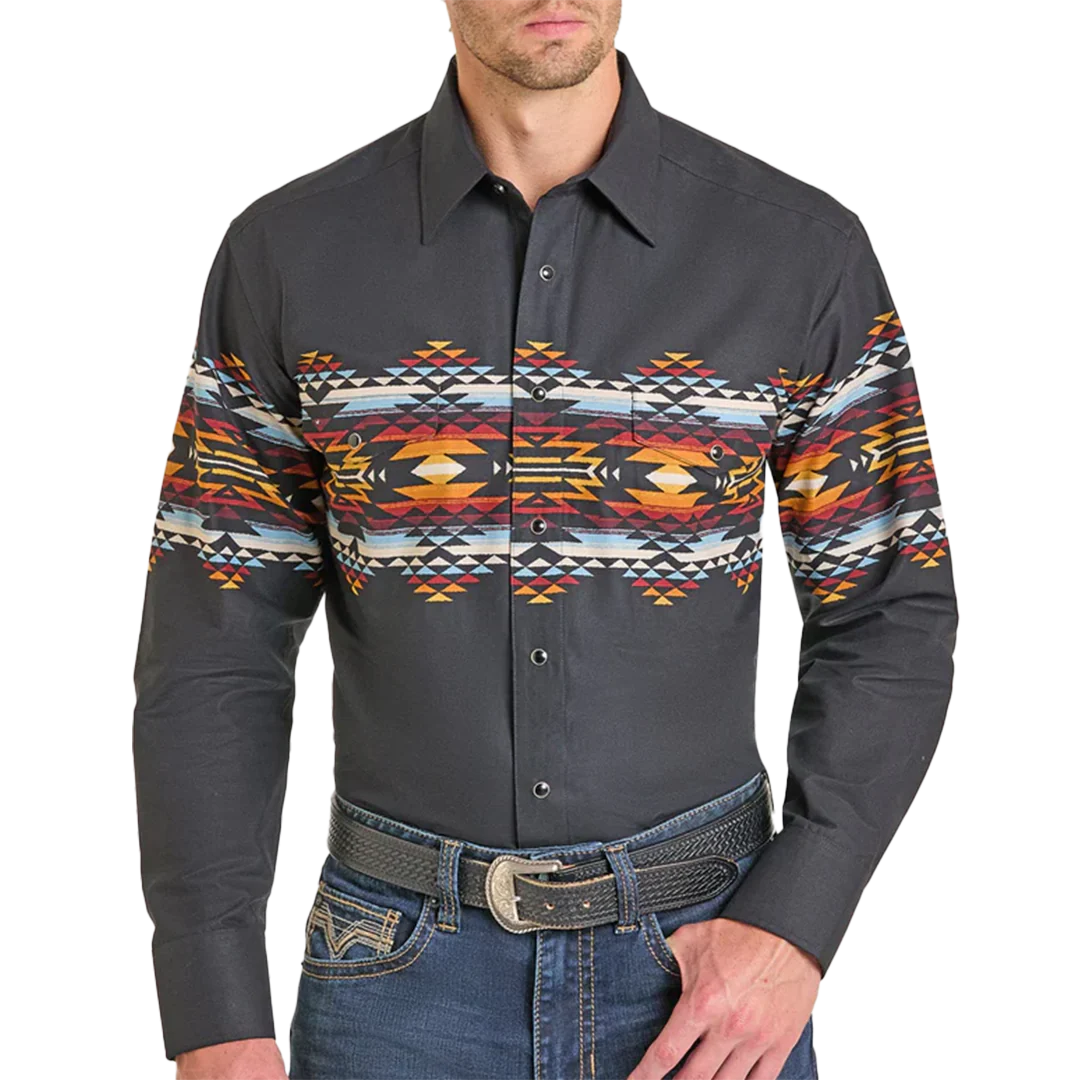 Panhandle Men's Border Print Long Sleeve Snap Shirt