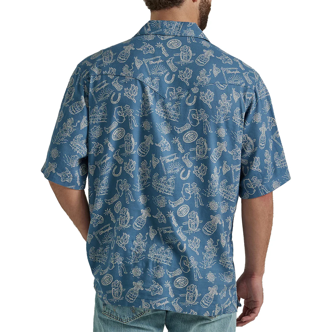 Wrangler Men's Coconut Cowboy Snap Front Camp Sleeve Short in Western Navi