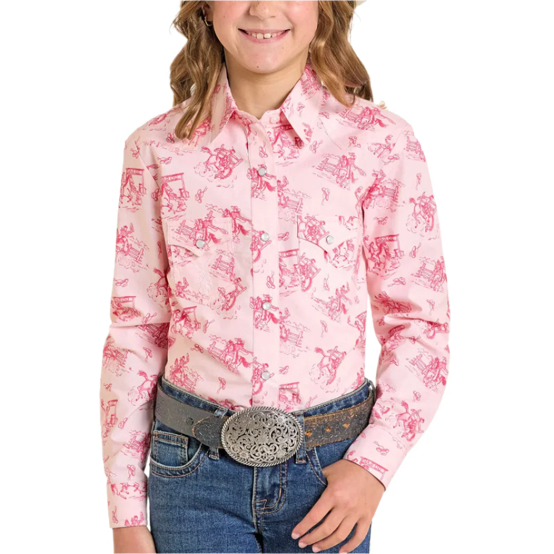 Panhandle Girls' Cowgirl Print Long Sleeve Snap Shirt