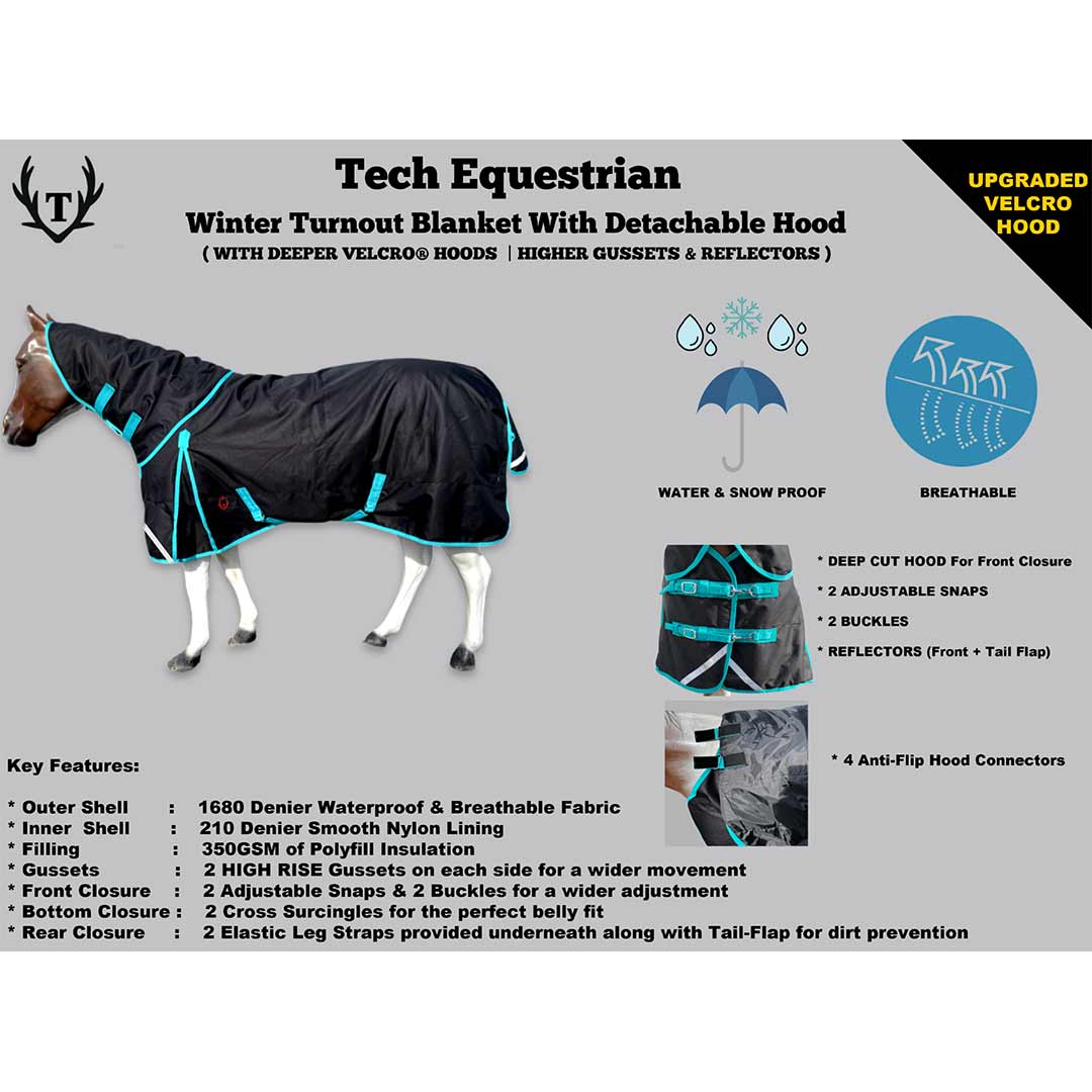 Tech Equestrian Winter Turnout Blanket With Detachable Hood - 350GSM
