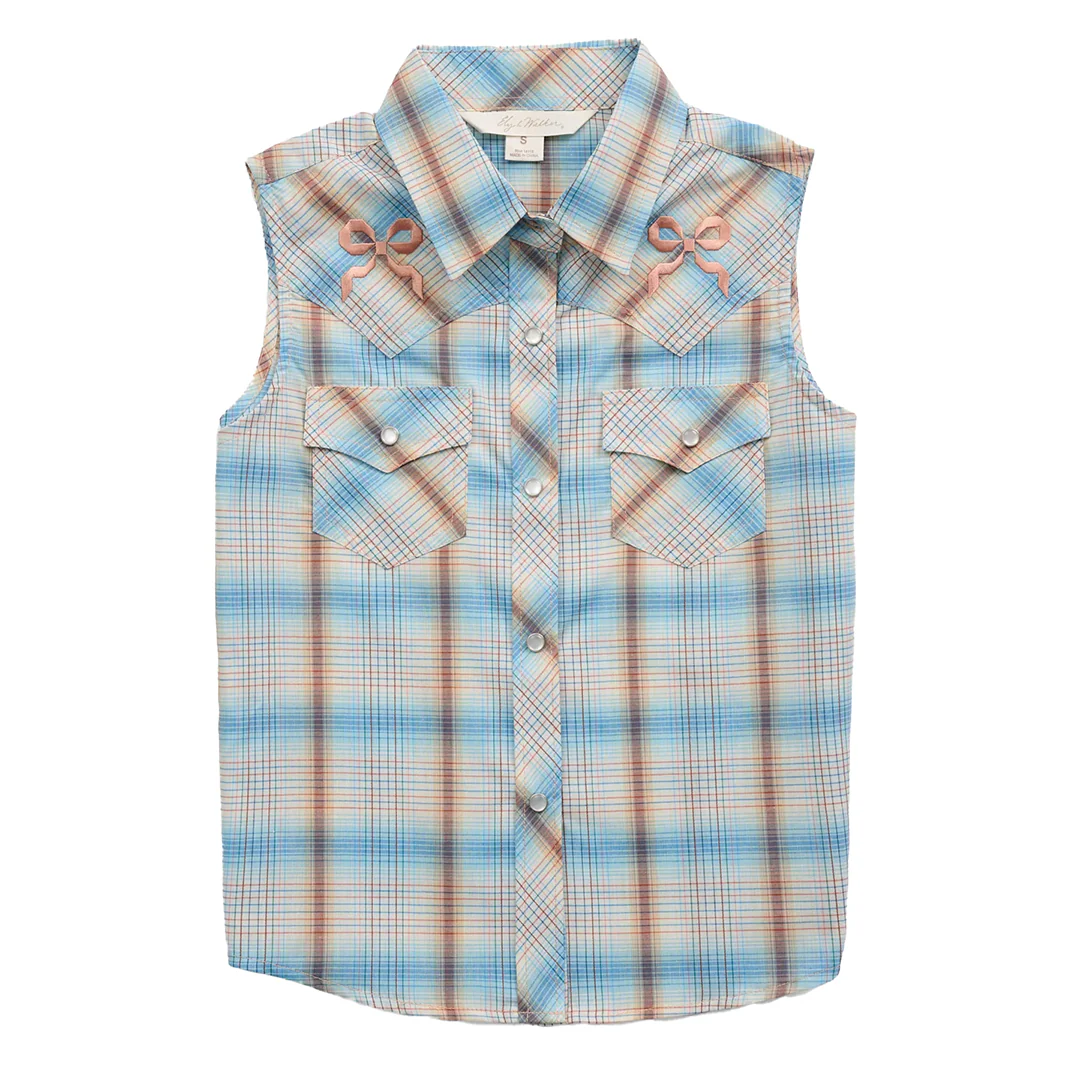 Ely Cattleman Girls' Plaid With Bow Embroidery Sleeveless Snap Shirt