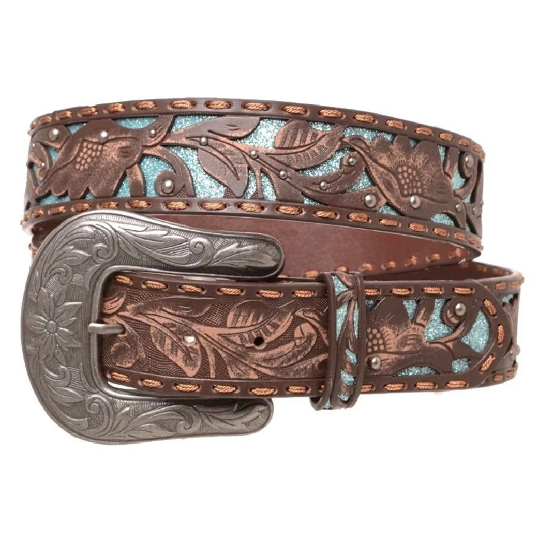 Kamberly Women's Embossed Laser Cut Glitz Leather Belt