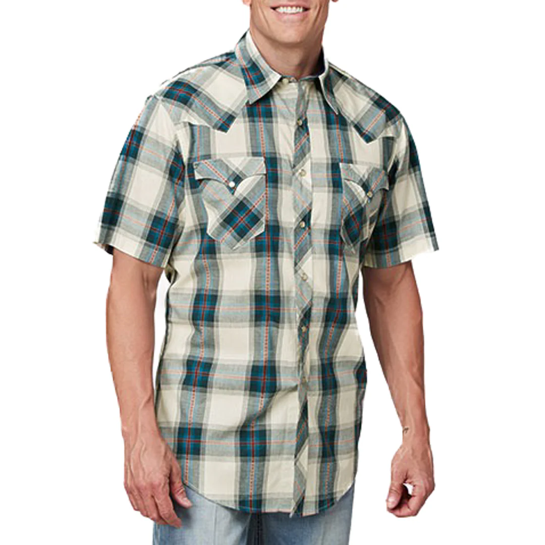 Roper Men's West Made Short Sleeve Tile Plaid Snap Shirt