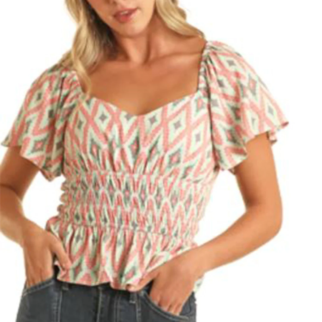 Rock & Roll Cowgirl Women's Beige Aztec Print Flutter Sleeve Blouse