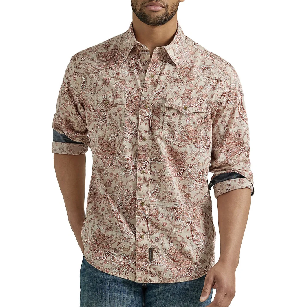 Wrangler Men's Retro Premium Western Snap Print Shirt in Peach Paisley