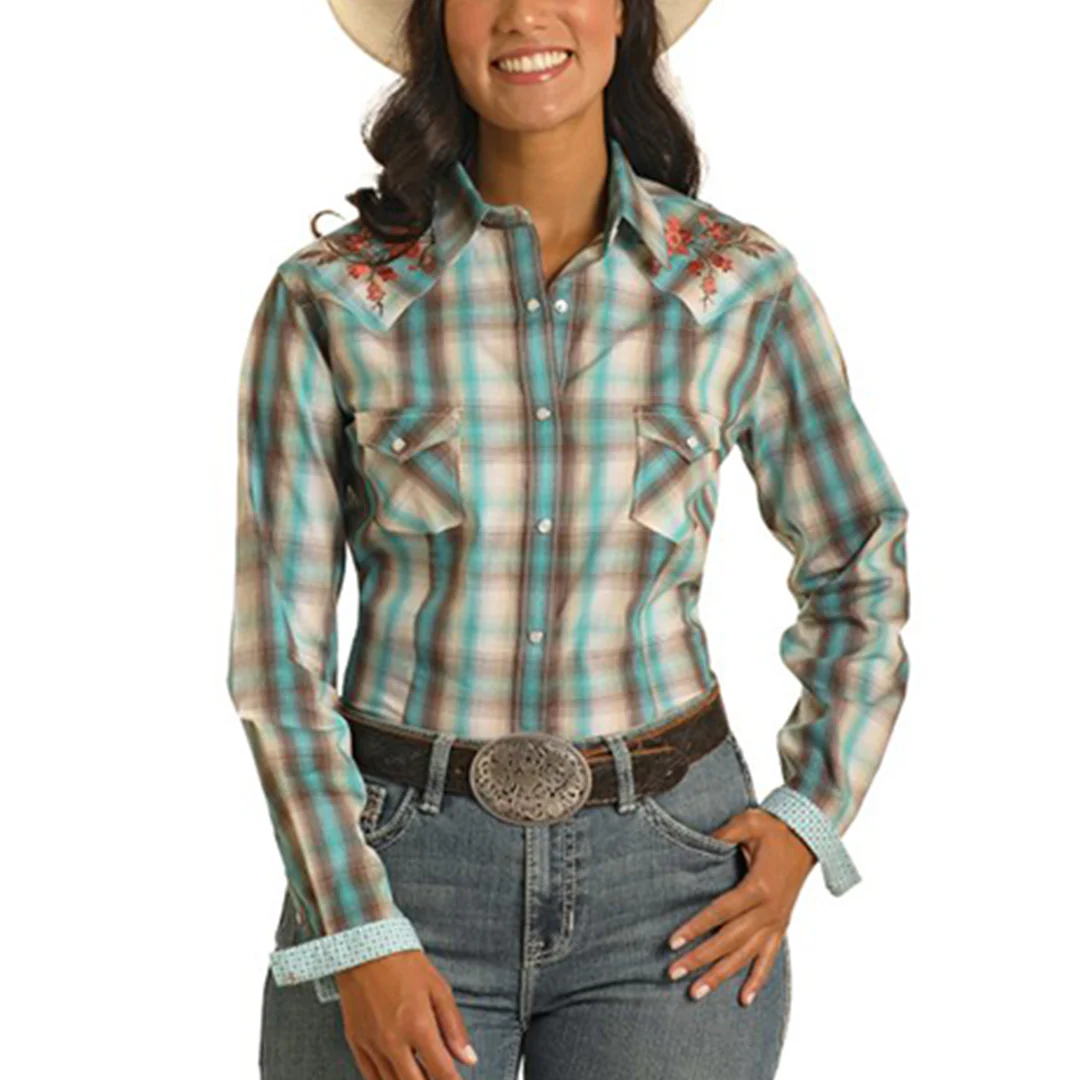 Rough Stock Women's Plaid With Floral Embroidery Long Sleeve Snap Shirt