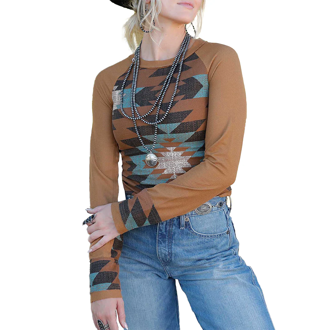 Cruel Denim Women's Waffle Aztec Print Top