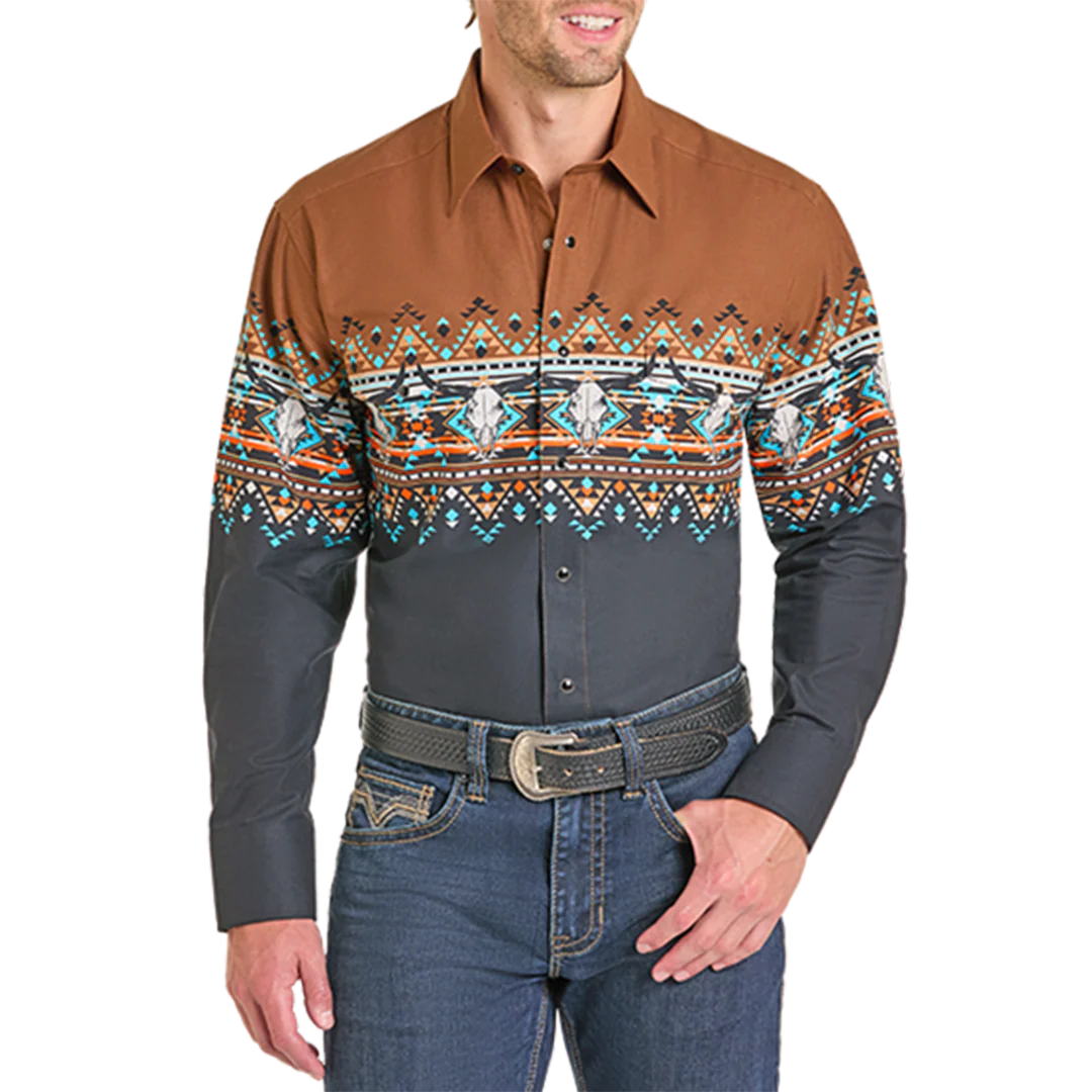 Panhandle Men's Aztec Print Border Long Sleeve Snap Shirt