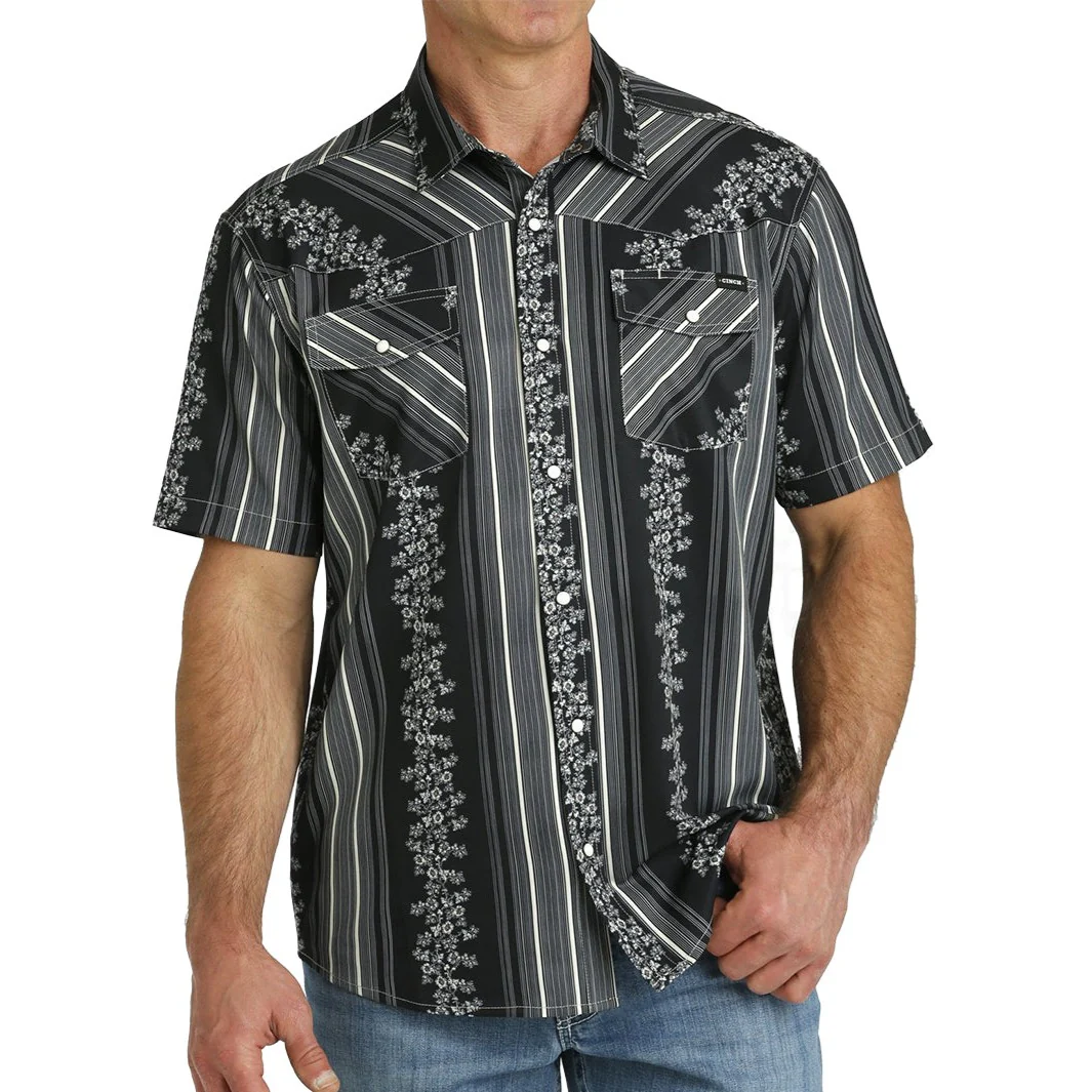 Cinch Men's Vintage Wallpaper Stripe Western Camp Short Sleeve Snap Shirt