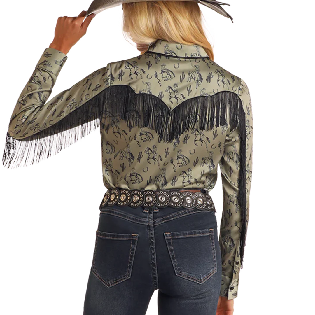 Rock & Roll Denim Women's Fringe Western Print Long Sleeve Shirt
