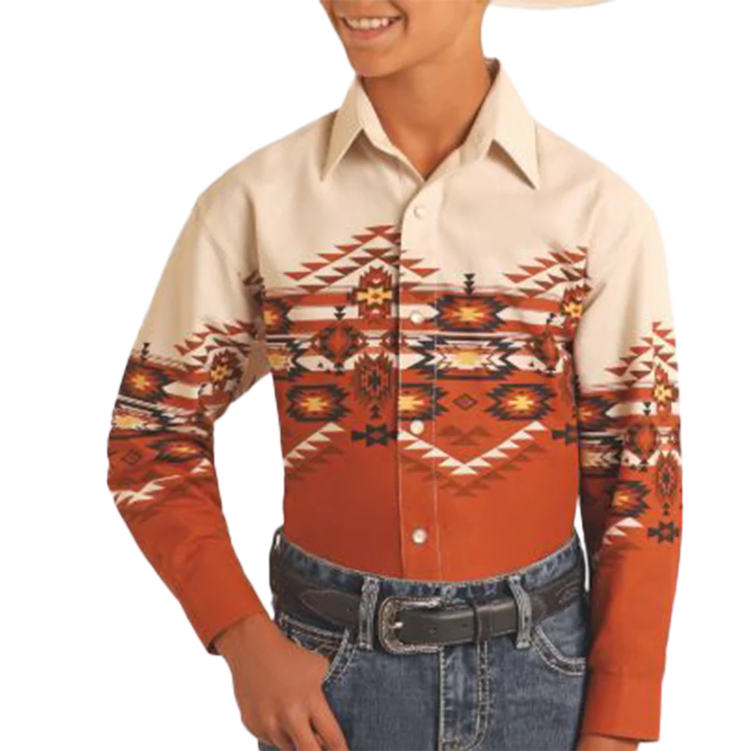 Panhandle Boys' Aztec Border Print Snap Shirt