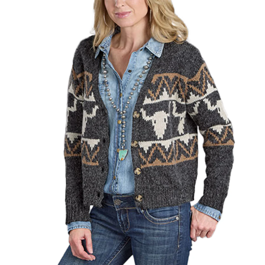 Stetson Women's Vintage Steer Head Border Cardigan Sweater