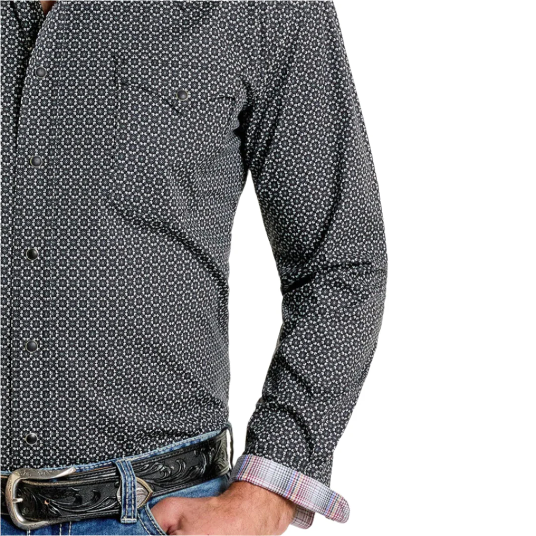 Rough Stock Men's Mini Geometric Print Long Sleeve Snap Shirt