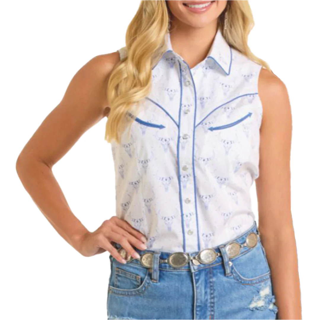 Rock & Roll Denim Women's Longhorn Print Sleeveless Snap Shirt