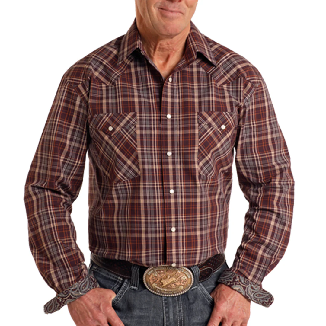 Rough Stock Men's Plaid Print Long Sleeve Snap Shirt
