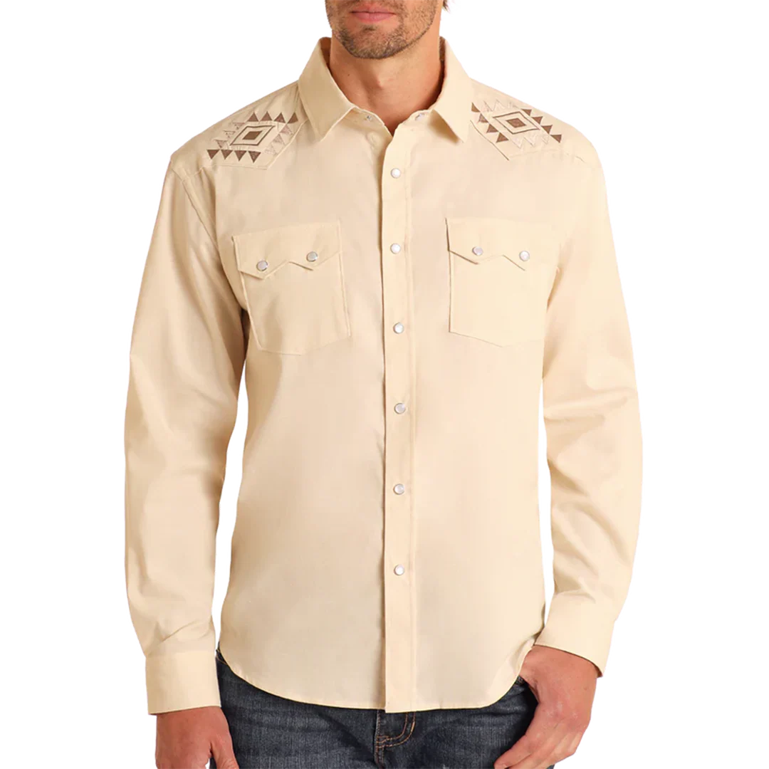 Panhandle Men's Modern Vintage Aztec Embroidered Long Sleeve Snap Shirt