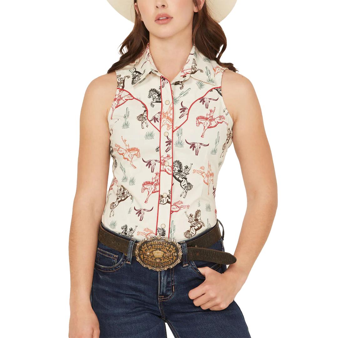 Rock & Roll Denim Women's Horse Print Sleeveless Snap Shirt