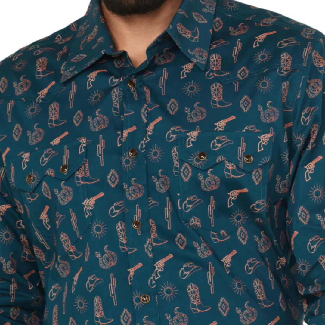 Rock & Roll Denim Men's Cowboy Print Long Sleeve Snap Shirt