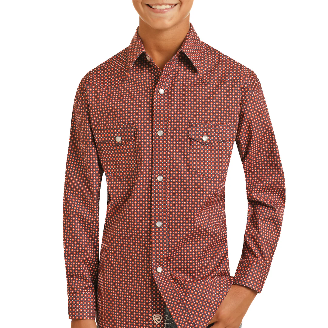Rock & Roll Cowboy Boys' Diamond Print Long Sleeve Snap Shirt