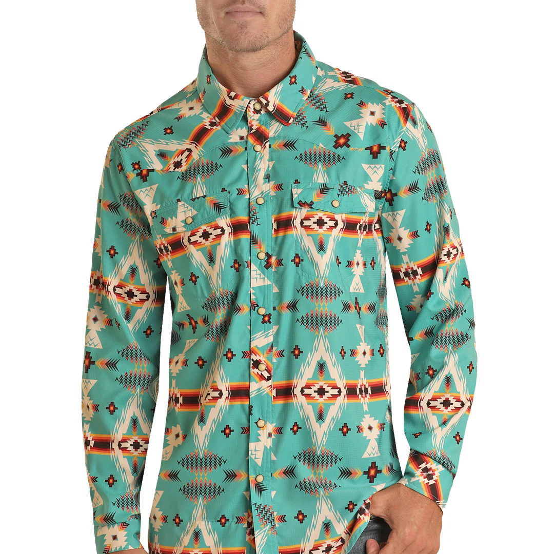 Rock & Roll Cowboy Men's Aztec Long Sleeve Snap Shirt