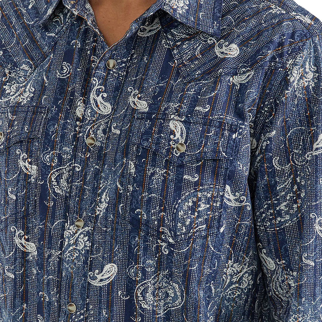 Wrangler Men's Retro Premium Indigo Paisley Long Sleeve Snap Shirt