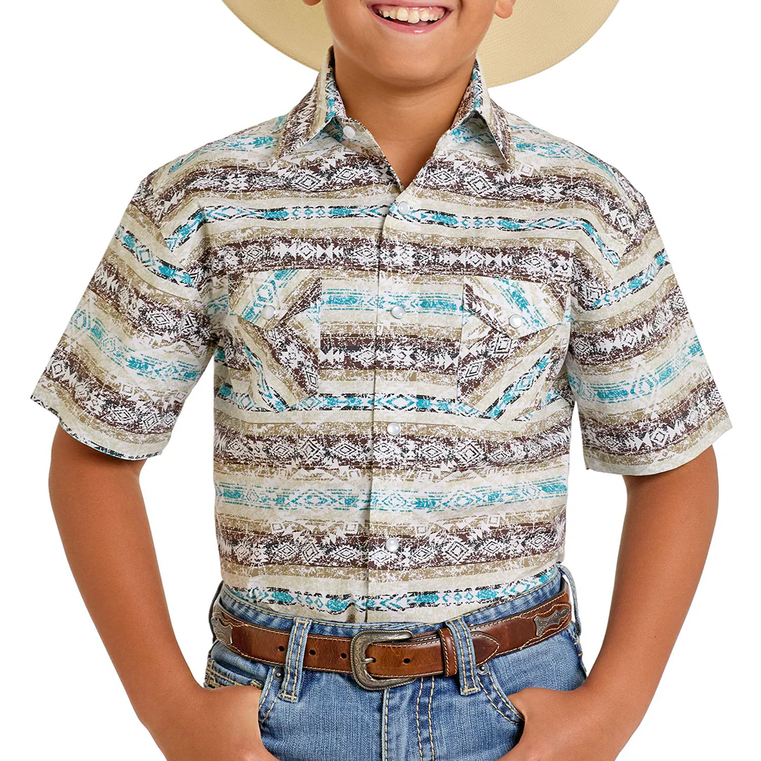 Rough Stock Boys' Aztec Print Short Sleeve Snap Shirt