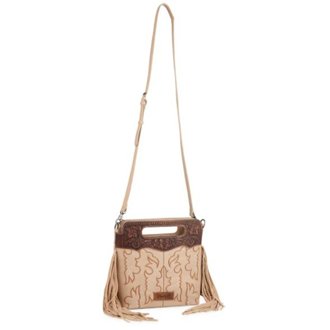 Wrangler Women's Latte Tooled Floral Handle & Fringe Boot Carry Crossbody Bag