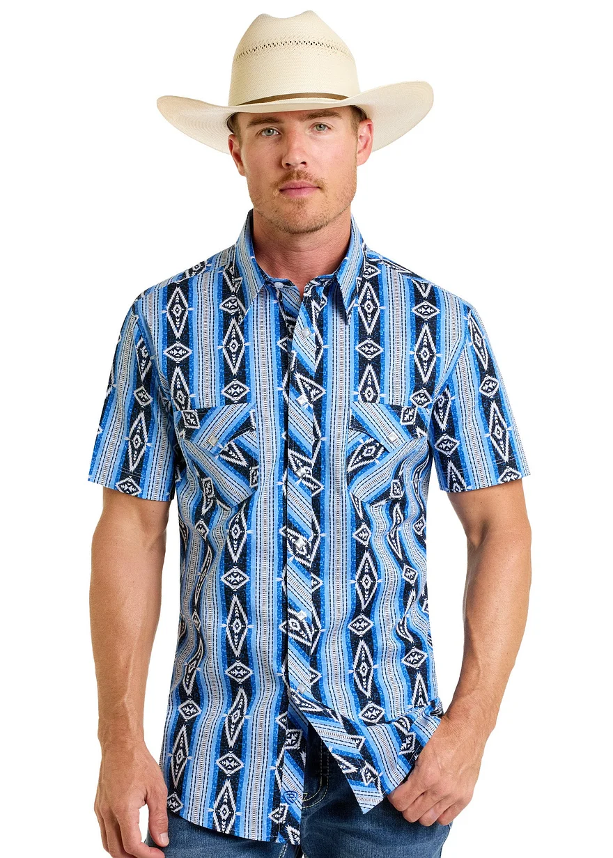 Slim Fit Vertical Aztec Short Sleeve Snap Shirt