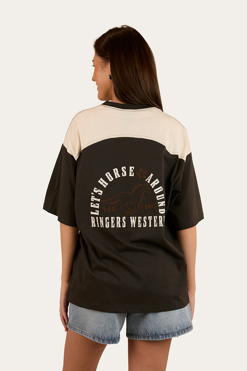 Lets Horse Around Womens Oversized T-Shirt - Washed Black / Off White