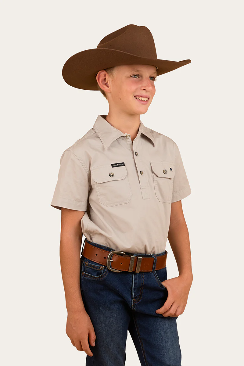 Ord River Kids Half Button Short Sleeve Work Shirt - Beige