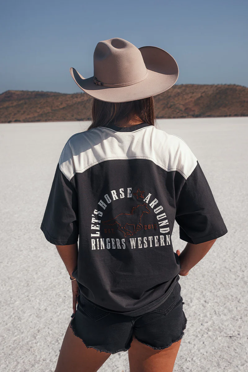 Lets Horse Around Womens Oversized T-Shirt - Washed Black / Off White