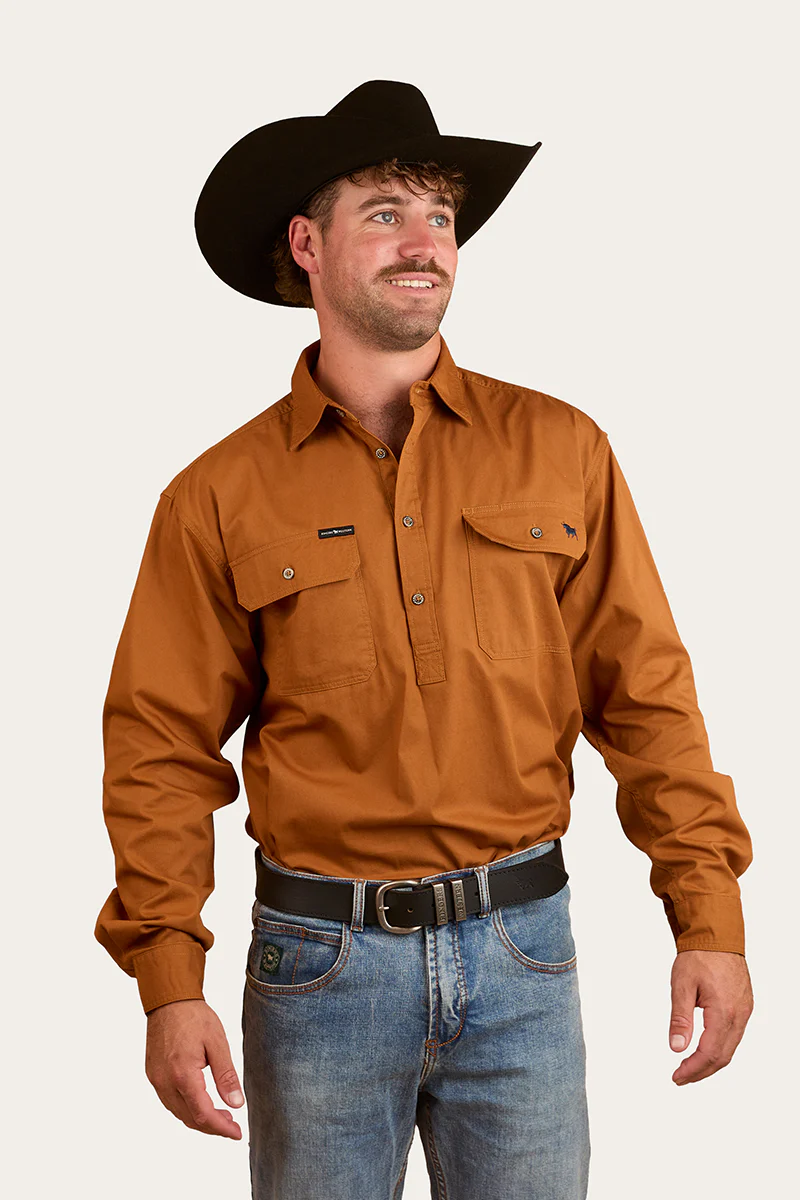 King River Mens Half Button Work Shirt - Tobacco