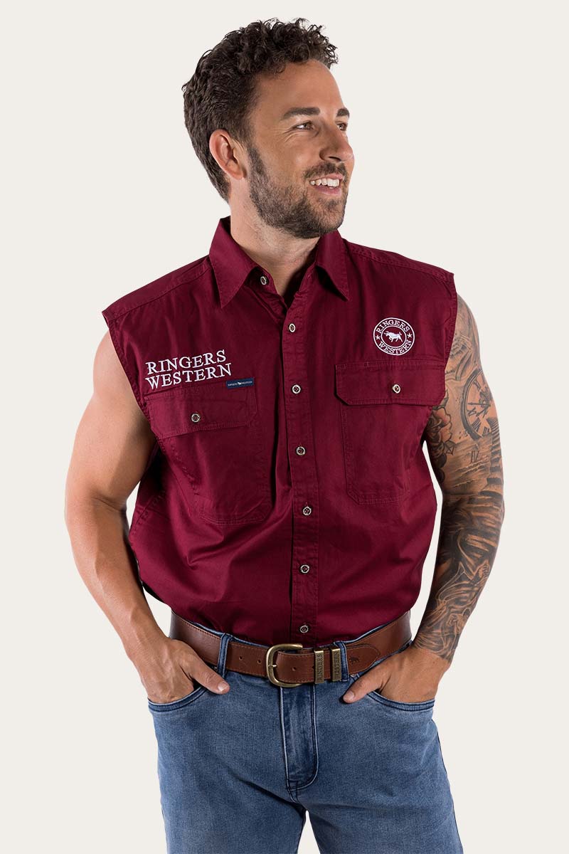 Hawkeye Mens Sleeveless Work Shirt - Burgundy/White