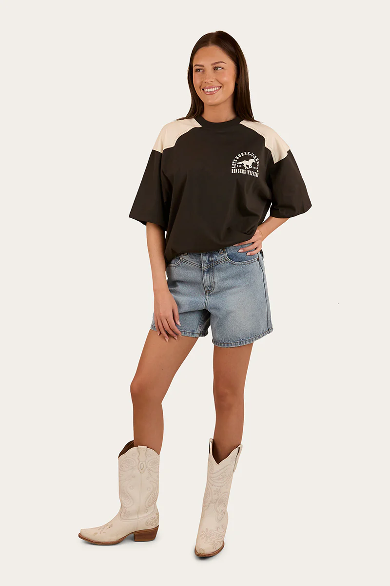 Lets Horse Around Womens Oversized T-Shirt - Washed Black / Off White
