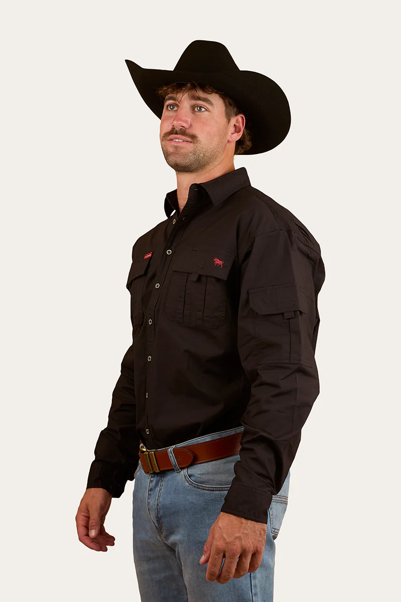 Pilbara Mens Ripstop Full Button Work Shirt - Black
