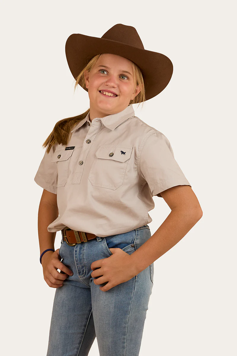 Ord River Kids Half Button Short Sleeve Work Shirt - Beige