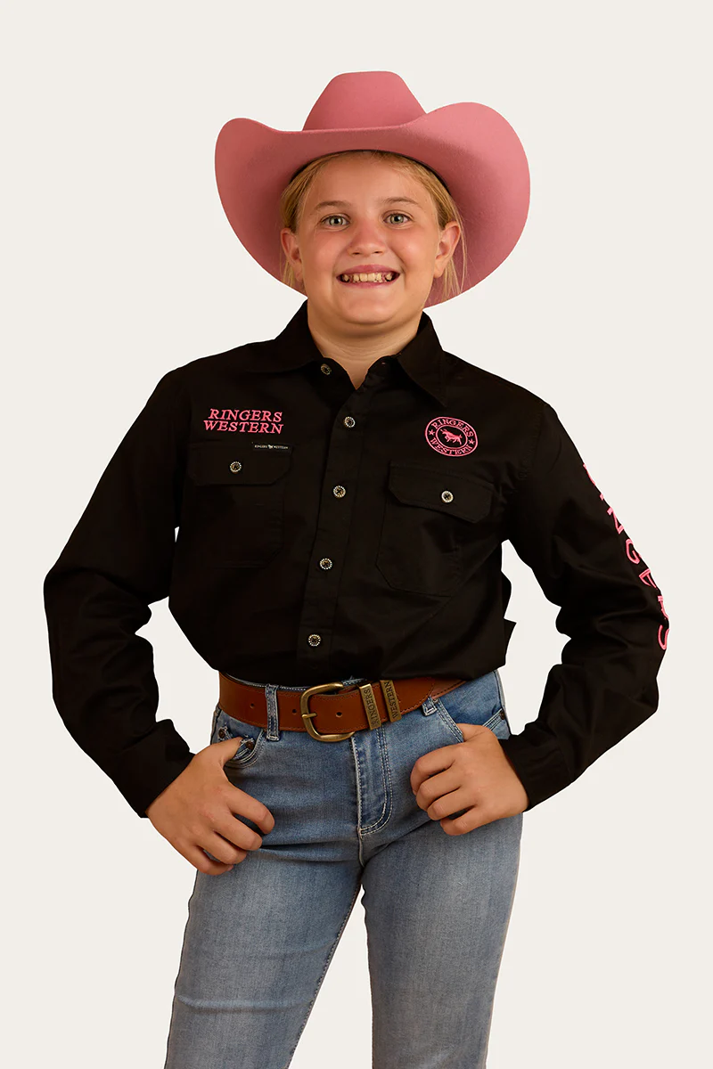 Jackaroo Kids Full Button Work Shirt - Black/Melon