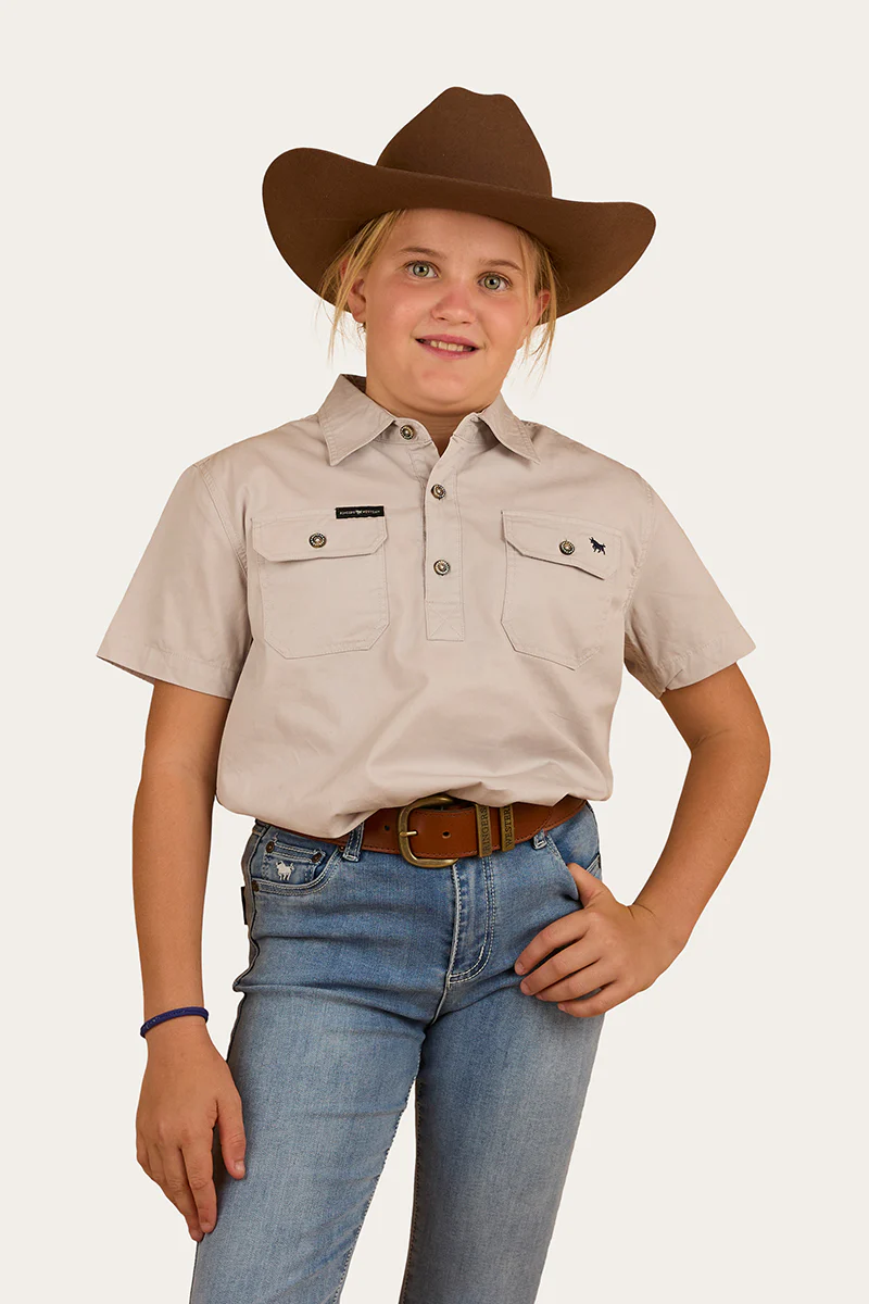 Ord River Kids Half Button Short Sleeve Work Shirt - Beige