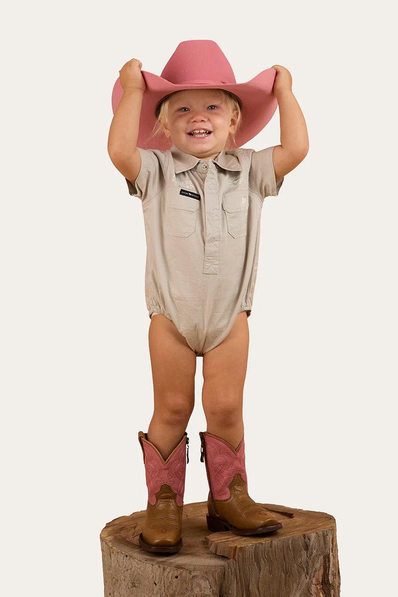 Ringers Babies Short Sleeve Work Shirt Romper - Beige