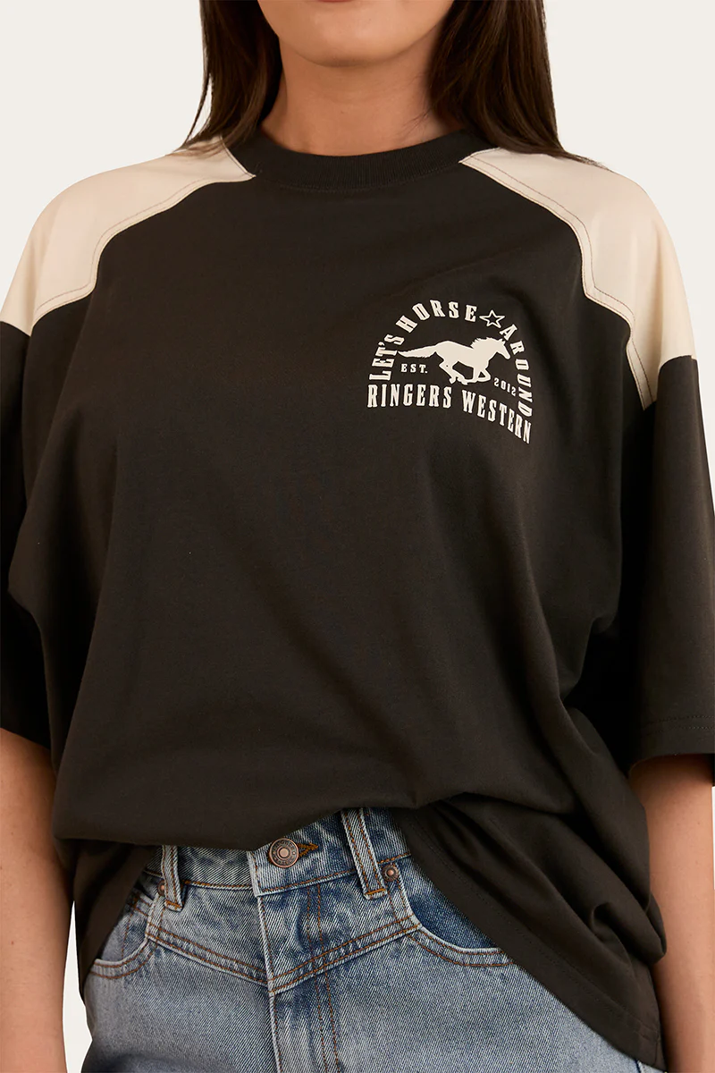 Lets Horse Around Womens Oversized T-Shirt - Washed Black / Off White