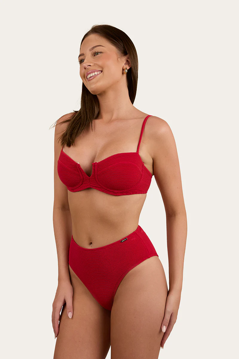 Country Sunset Textured High Waist Bikini Bottom - Red