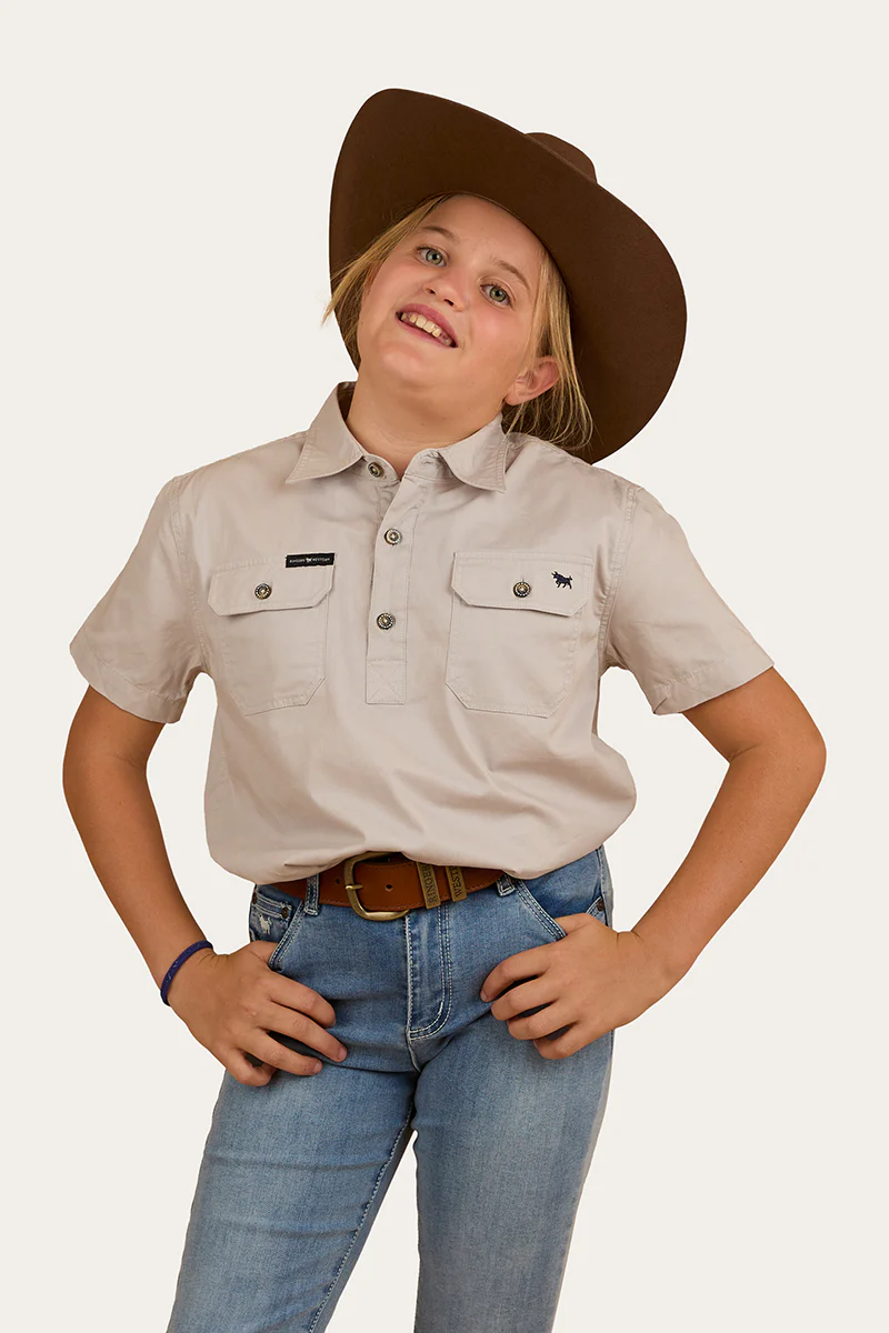 Ord River Kids Half Button Short Sleeve Work Shirt - Beige