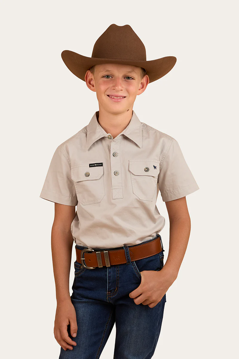Ord River Kids Half Button Short Sleeve Work Shirt - Beige