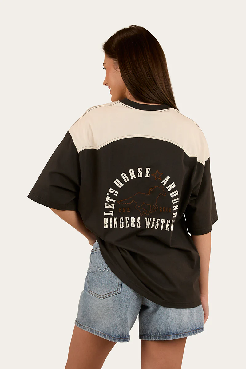Lets Horse Around Womens Oversized T-Shirt - Washed Black / Off White