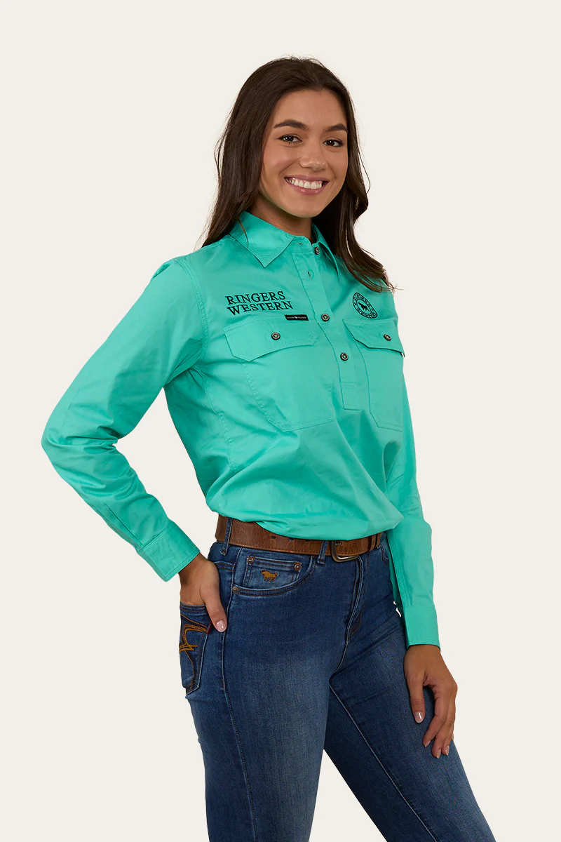 Signature Jillaroo Womens Half Button Work Shirt - Mint/Navy