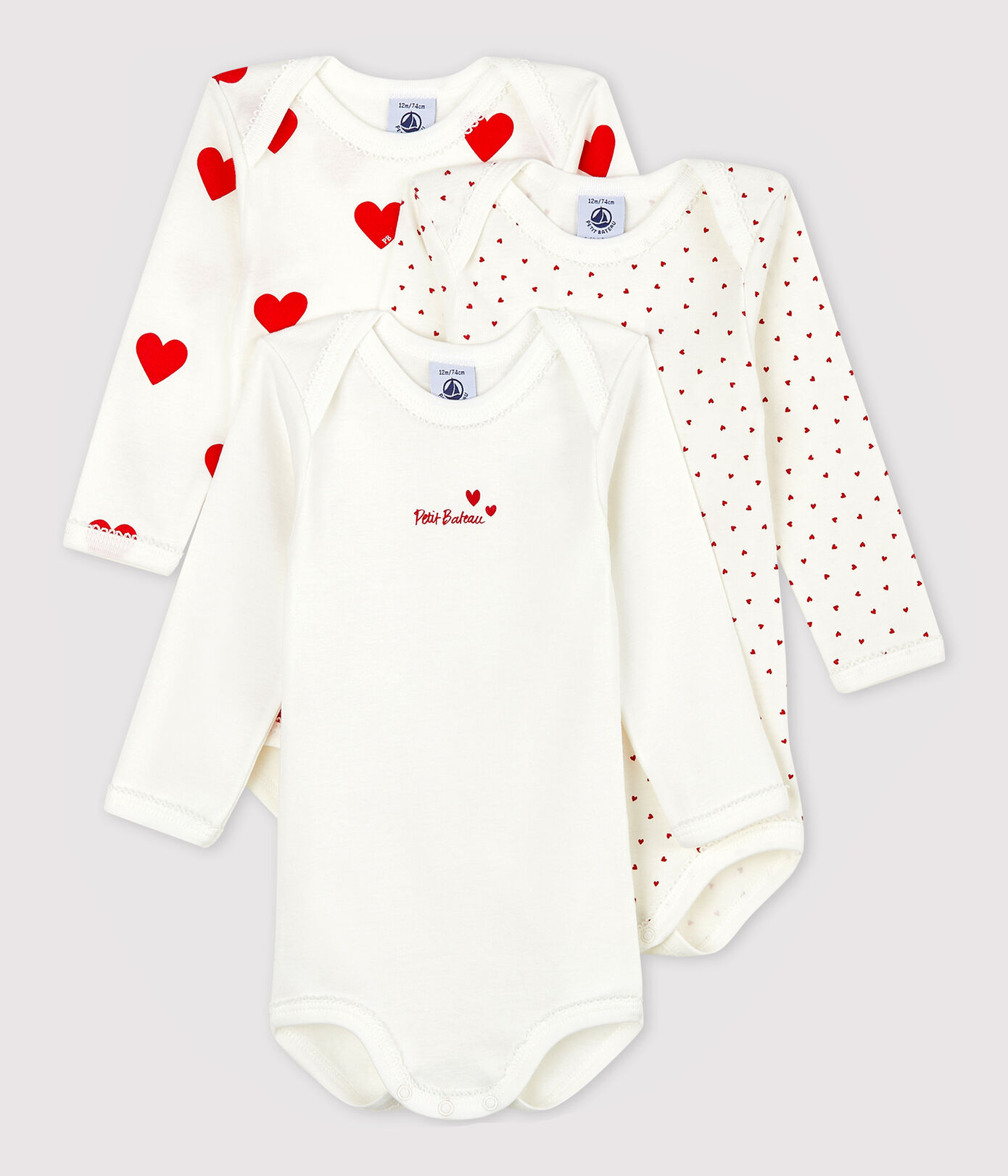 Lot de 3 bodies manches longues coeur bébé en coton