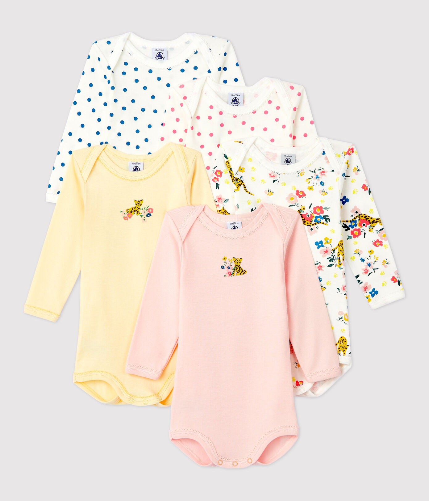 Lot de 5 bodies manches longues bébé fille en coton